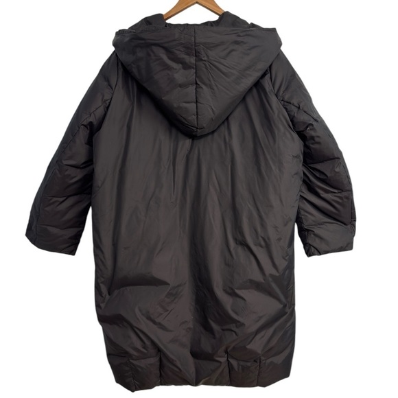 Eileen Fisher Down Puffer Coat Black Sz L Shawl Collar Hood Button Up Jacket - Picture 3 of 7